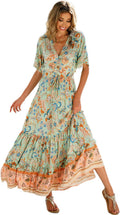 Womens Summer Cotton V Neck Floral Midi Dress - Lightweight Rayon
