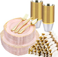 350 PCS Pink and Gold Plastic Plates Set for 50 Guests - Elegant