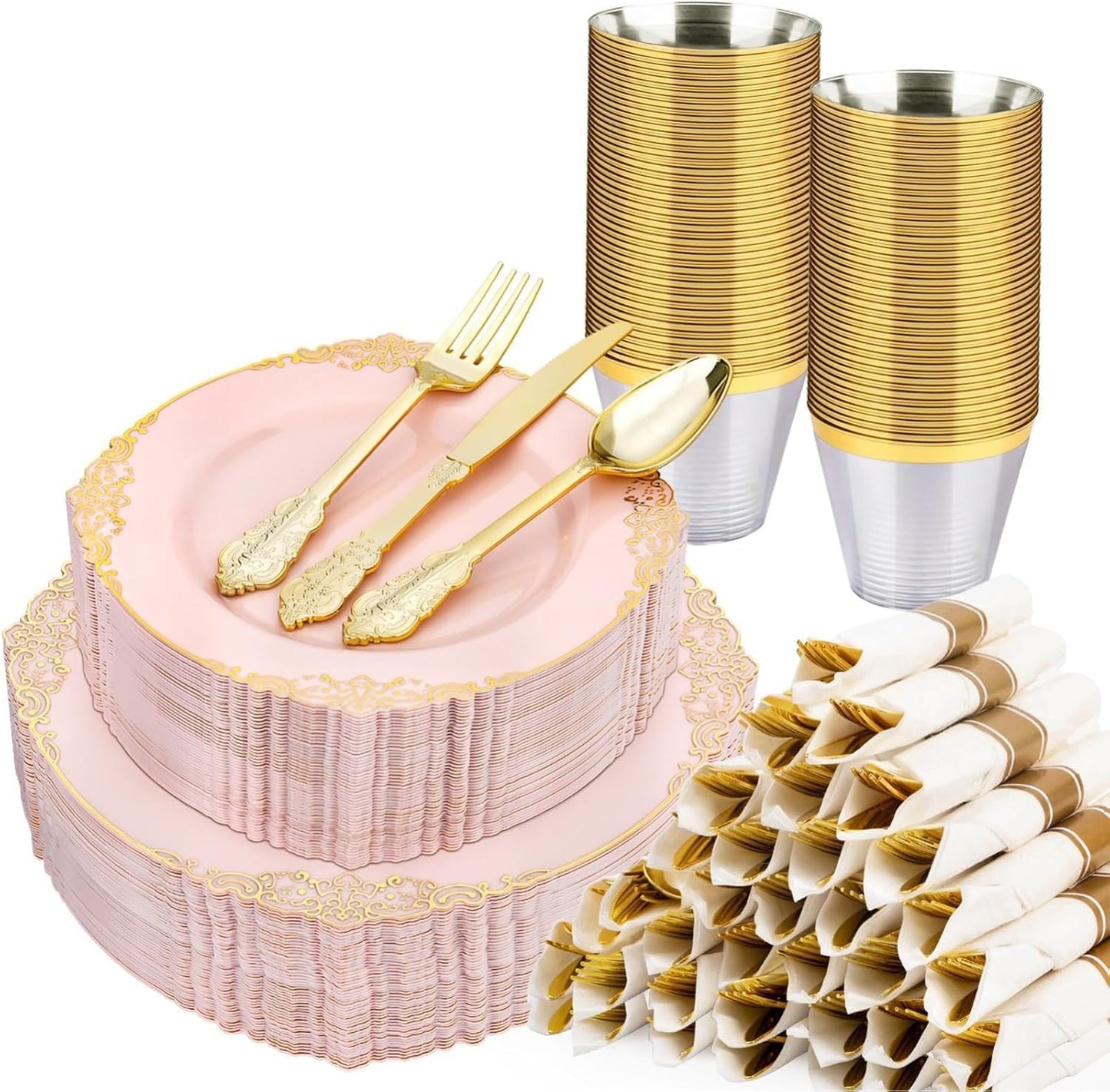 350 PCS Pink and Gold Plastic Plates for Elegant Gatherings