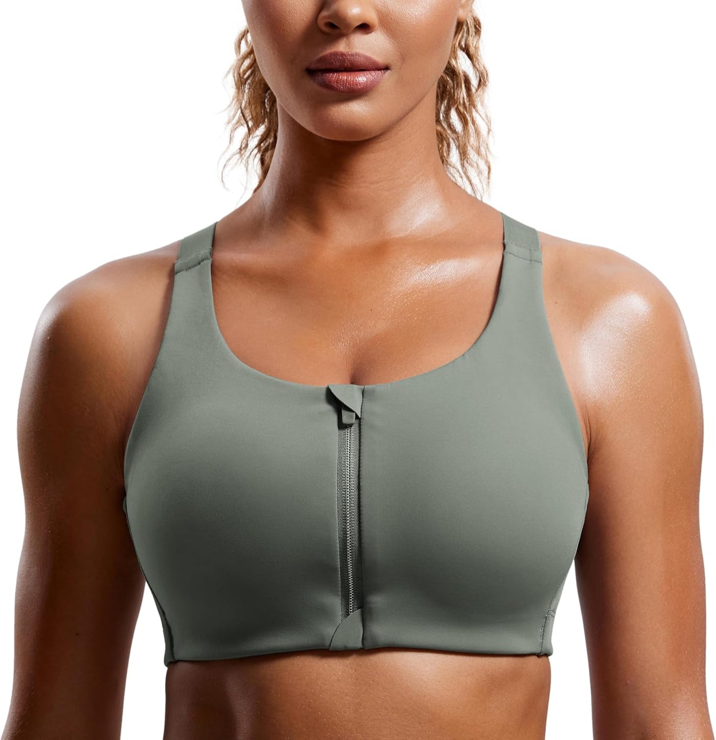 CRZ YOGA Womens Zip Front High Impact Sports Bra for Comfort