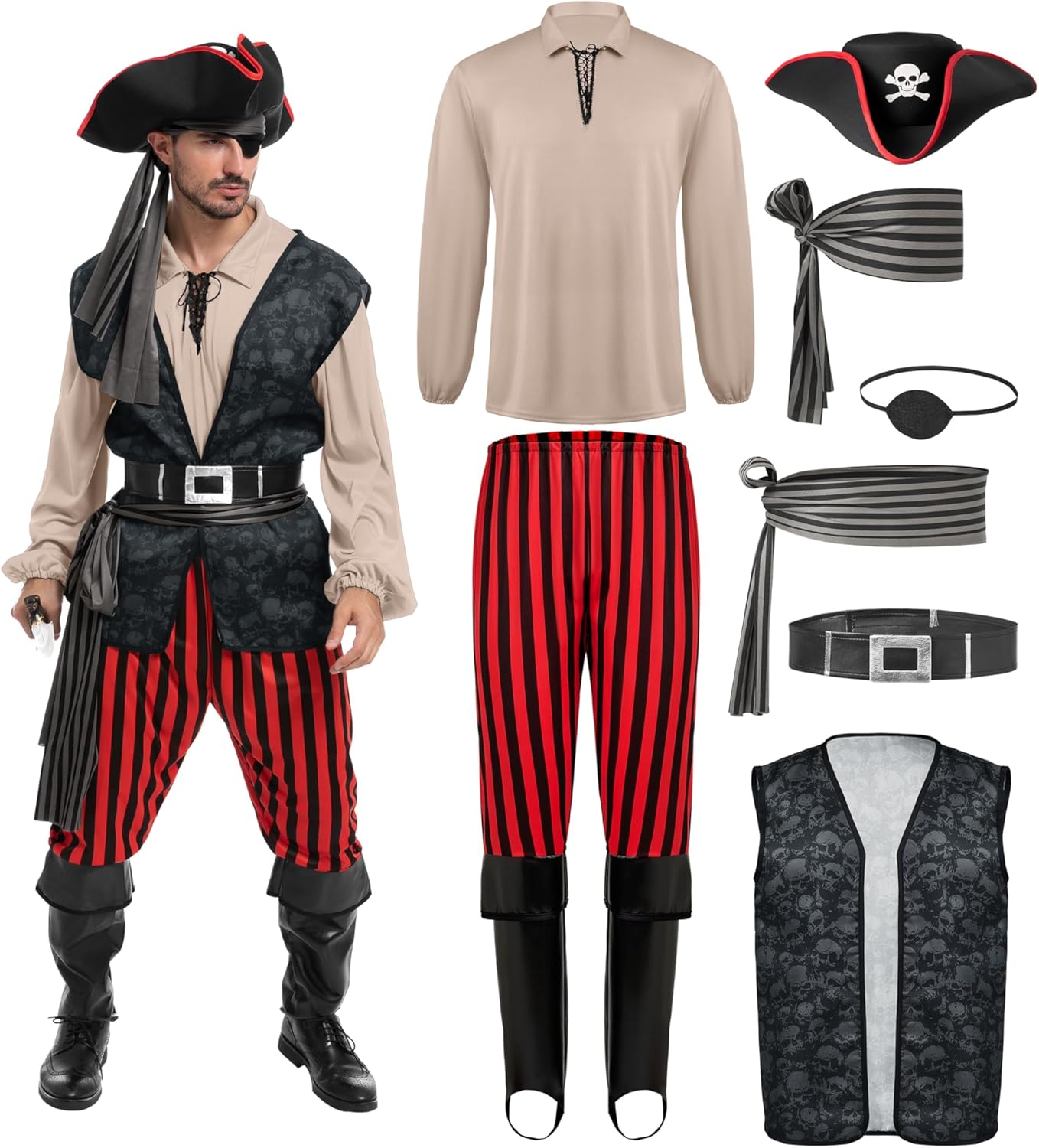 Men Pirate Costume Set for Halloween Parties and Themed Events