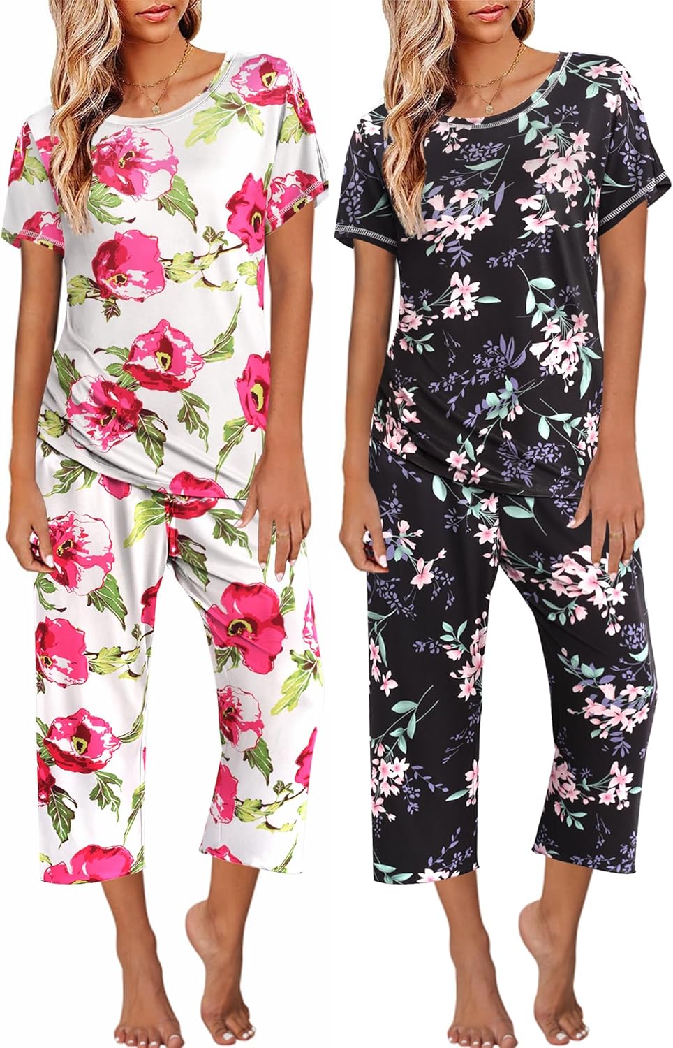 Ekouaer 2 Pack Womens Pajamas Short Sleeve Sleepwear Set