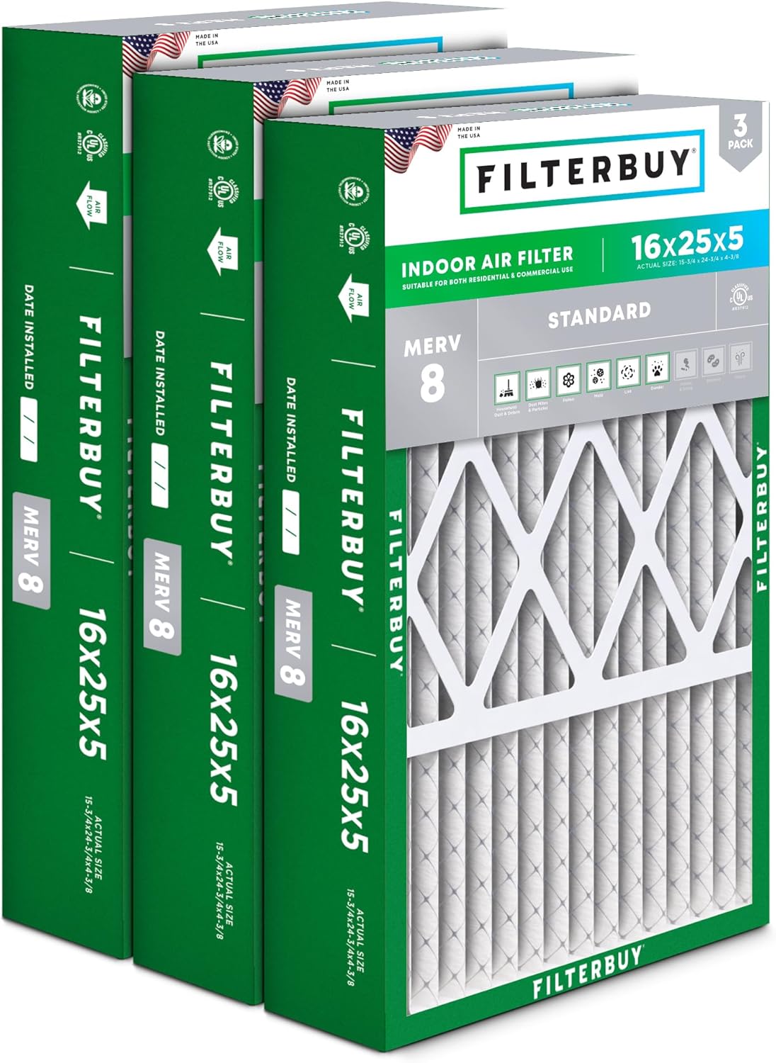 Filterbuy 16x25x5 Air Filter MERV 8 for Dust & Allergy Defense