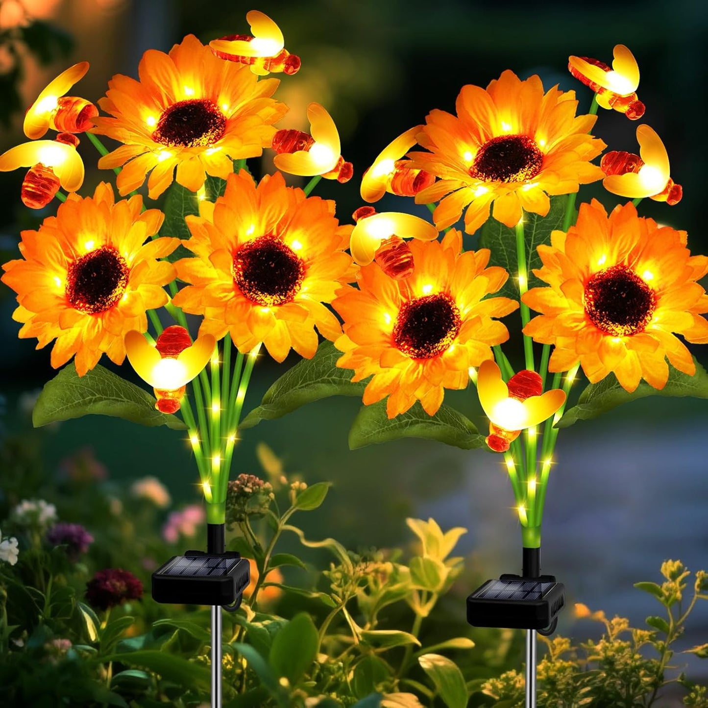 Solar Garden Lights 4 Pack with Swaying Bees and Sunflowers