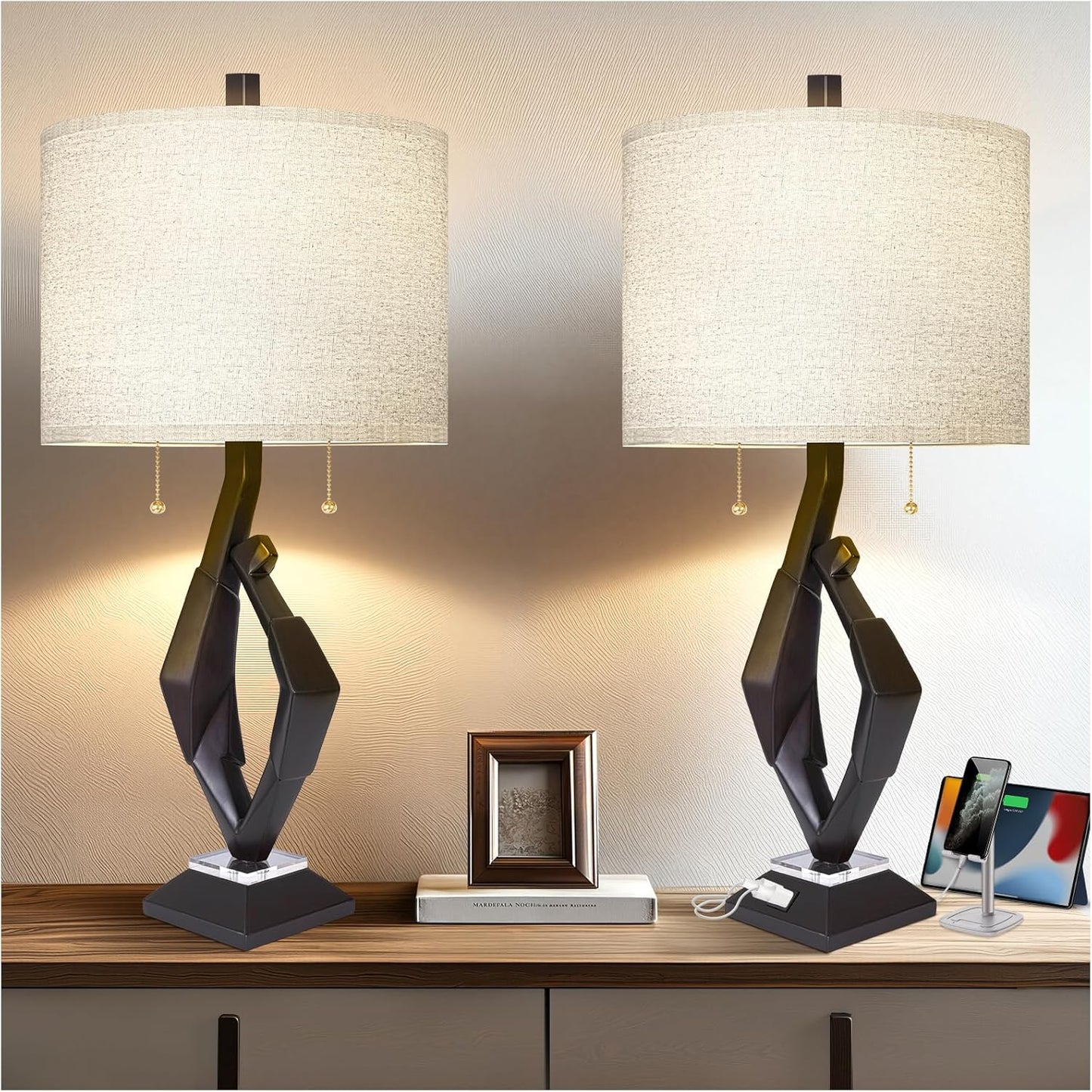 Sculptural Resin Table Lamp Set of 2 with USB Ports for Home