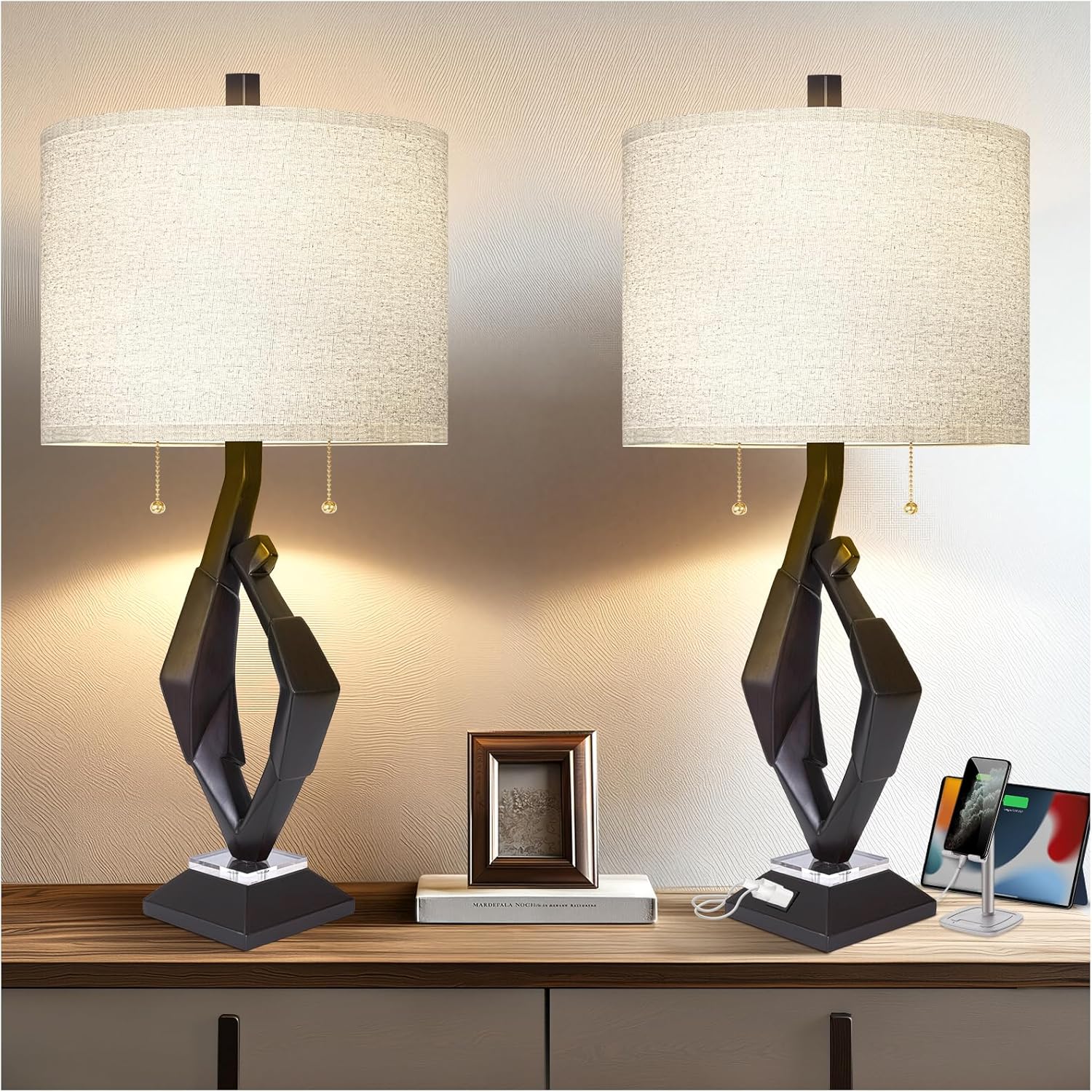 Sculptural Resin Table Lamp Set of 2 with USB Ports for Home