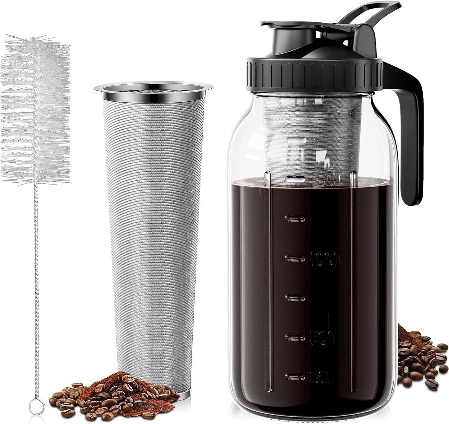 64oz Cold Brew Coffee Maker - Stainless Steel Filter - Mason Jar Pitcher (Black) VA1KENE