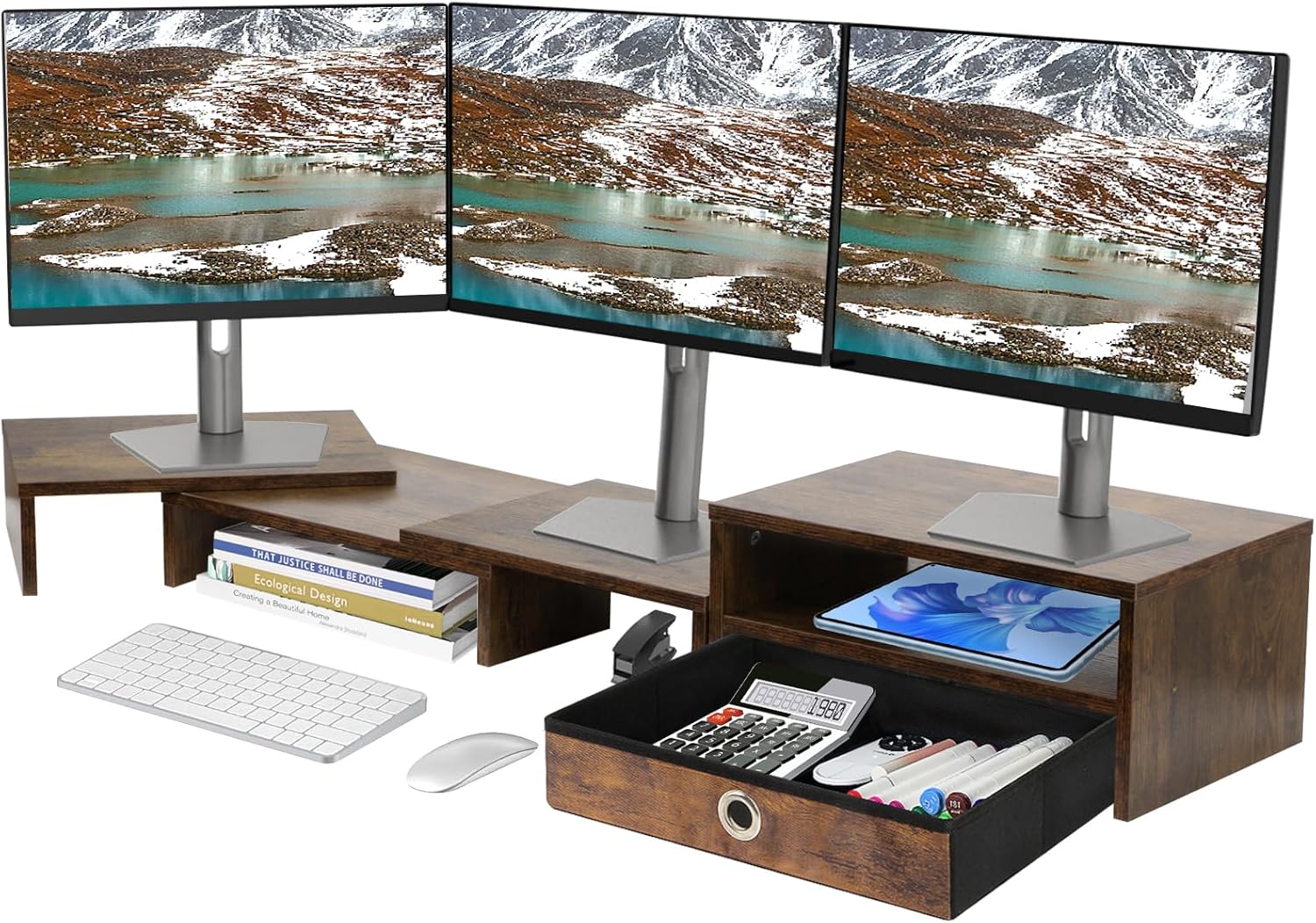 Triple Monitor Stand with Drawer for Flexible Desk Setup