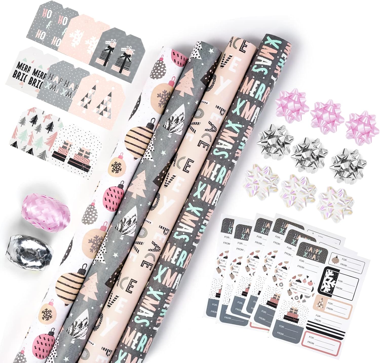 Rustic Kraft Pink and Grey Christmas Wrapping Paper Set Bundle