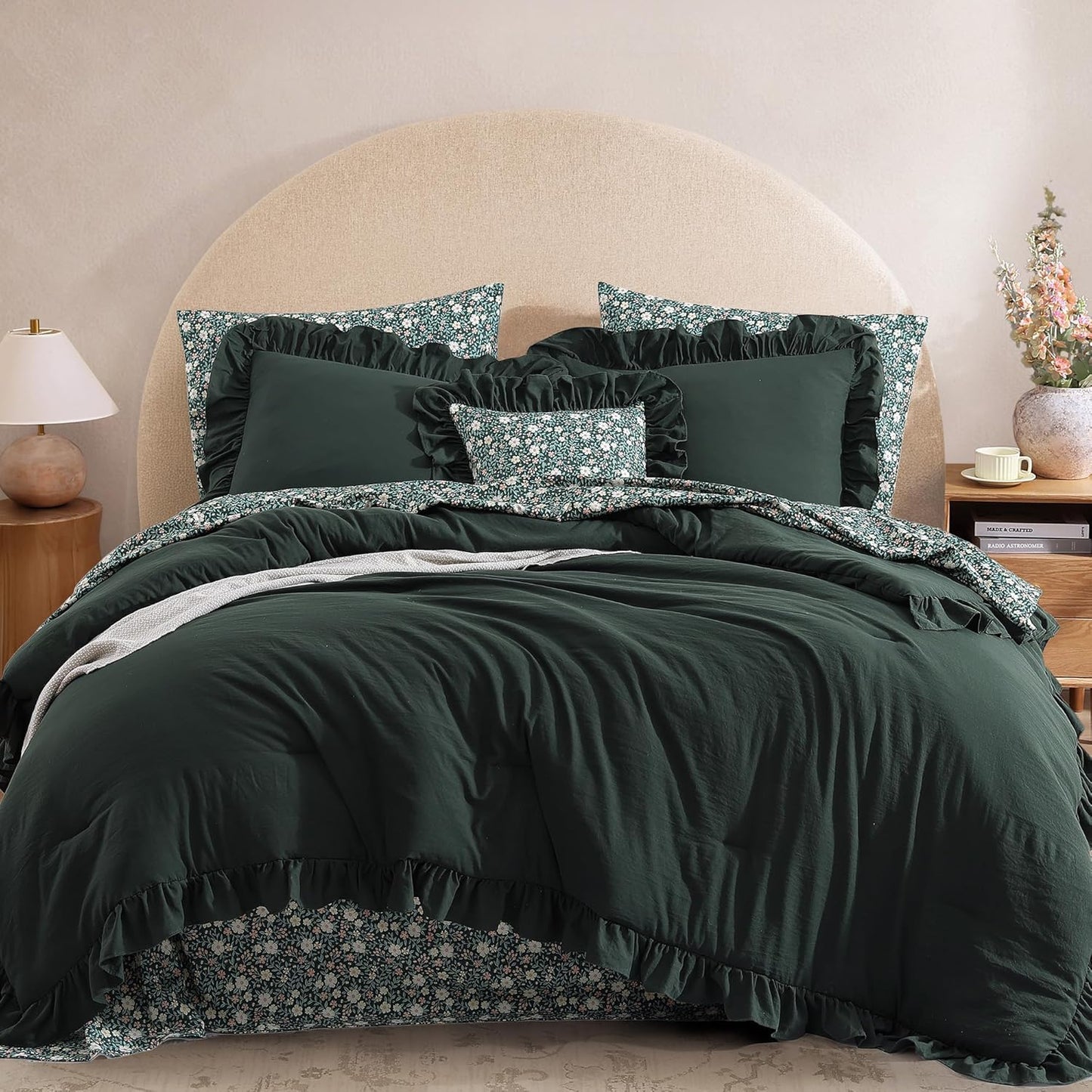 Full Comforter Set - 7 Pieces Ruffle Forest Green Bedding