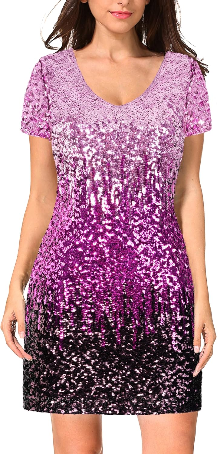 MANER Women's Sequin Glitter Short Sleeve Dress for Parties