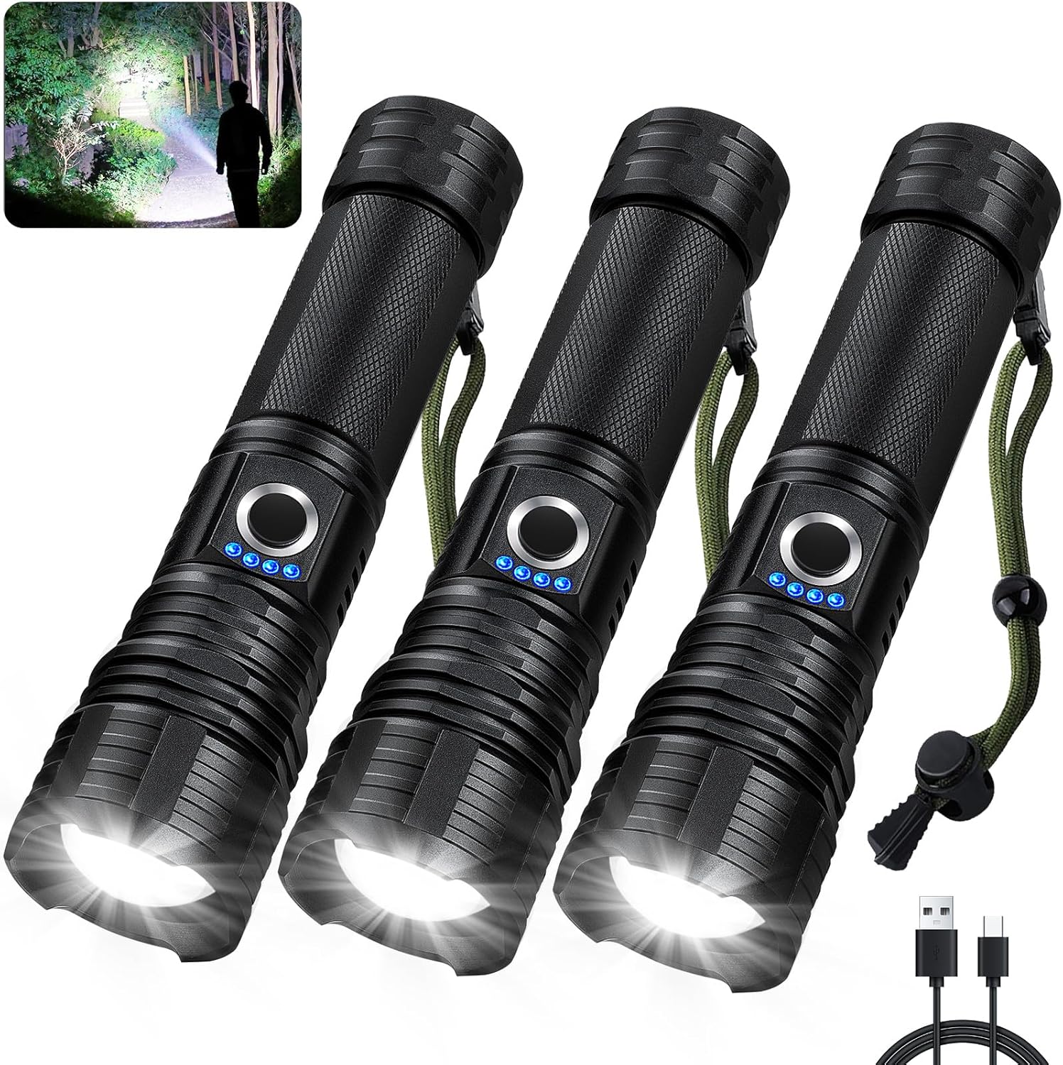 High Lumens Rechargeable Flashlights 3 Pack for Home Camping