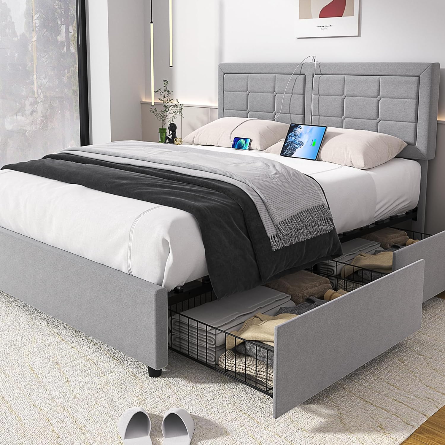 VECELO Queen Size Bed Frame with 4 Storage Drawers & USB Ports