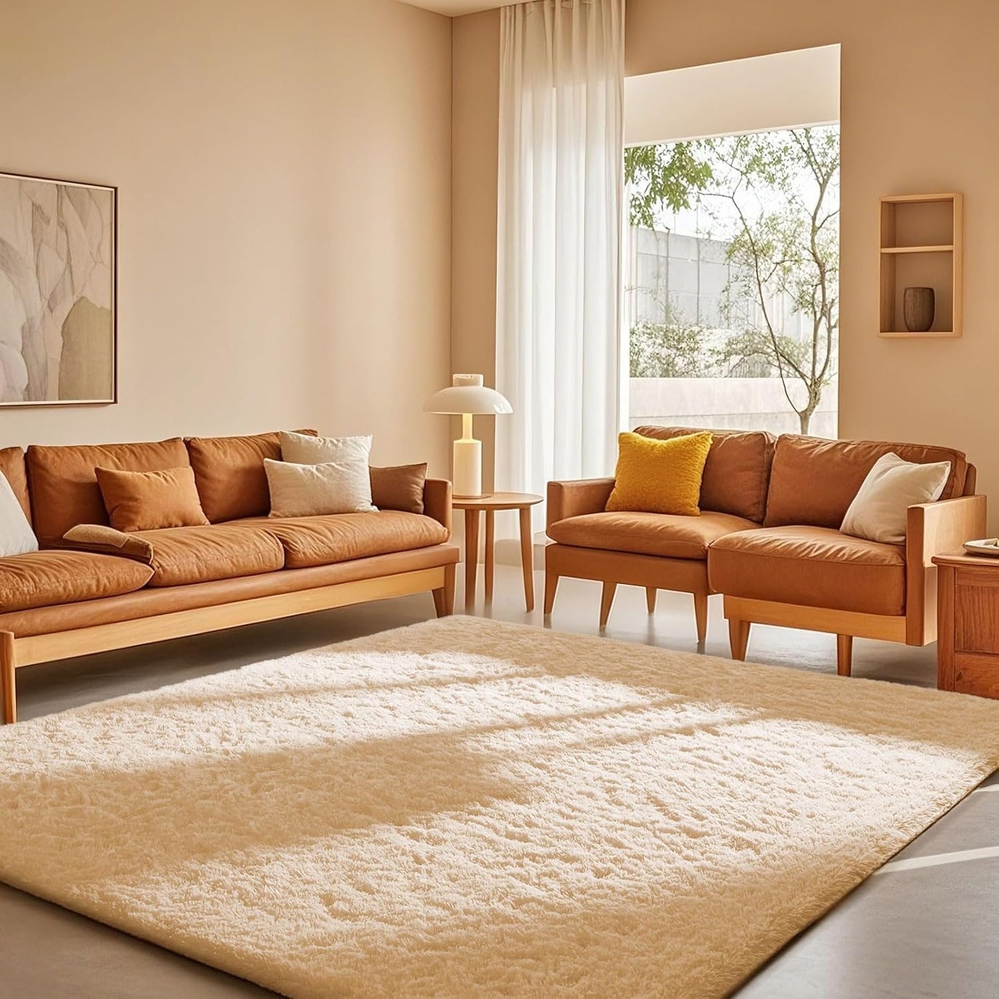 Ophanie Beige Rugs for Living Room Bedroom, Soft Shaggy Carpet