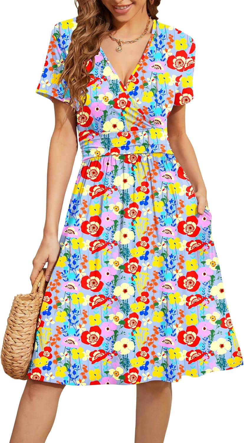 WEACZZY Women's Summer Short Sleeve Casual Floral Dress with Pockets