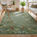 Green Floral Area Rug 5ftx7ft - Washable Low-Pile Accent Rug