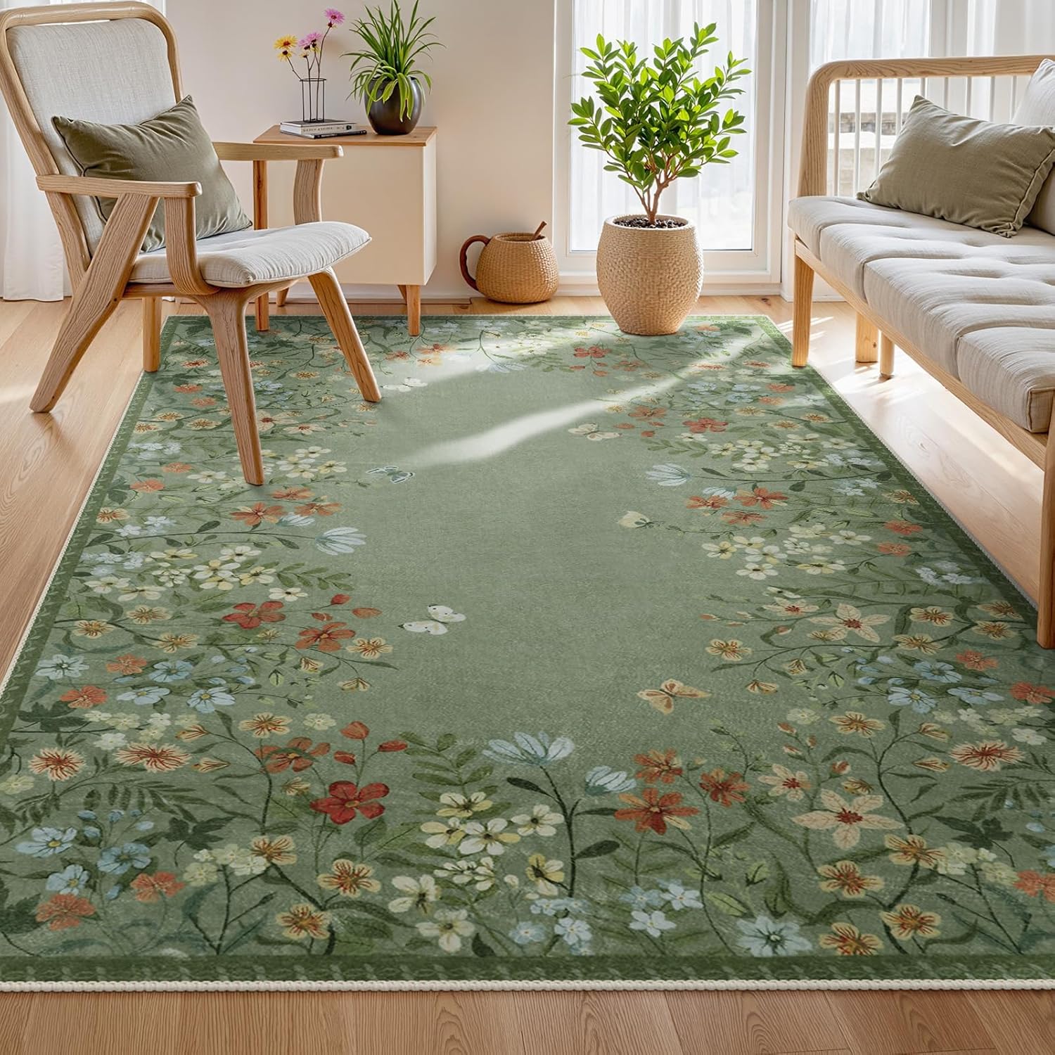 Wonnitar Washable 5x7 Area Rugs with Green Floral Design