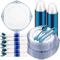 Hioasis 175pcs Clear Blue Plastic Plates Set - Elegant Disposable