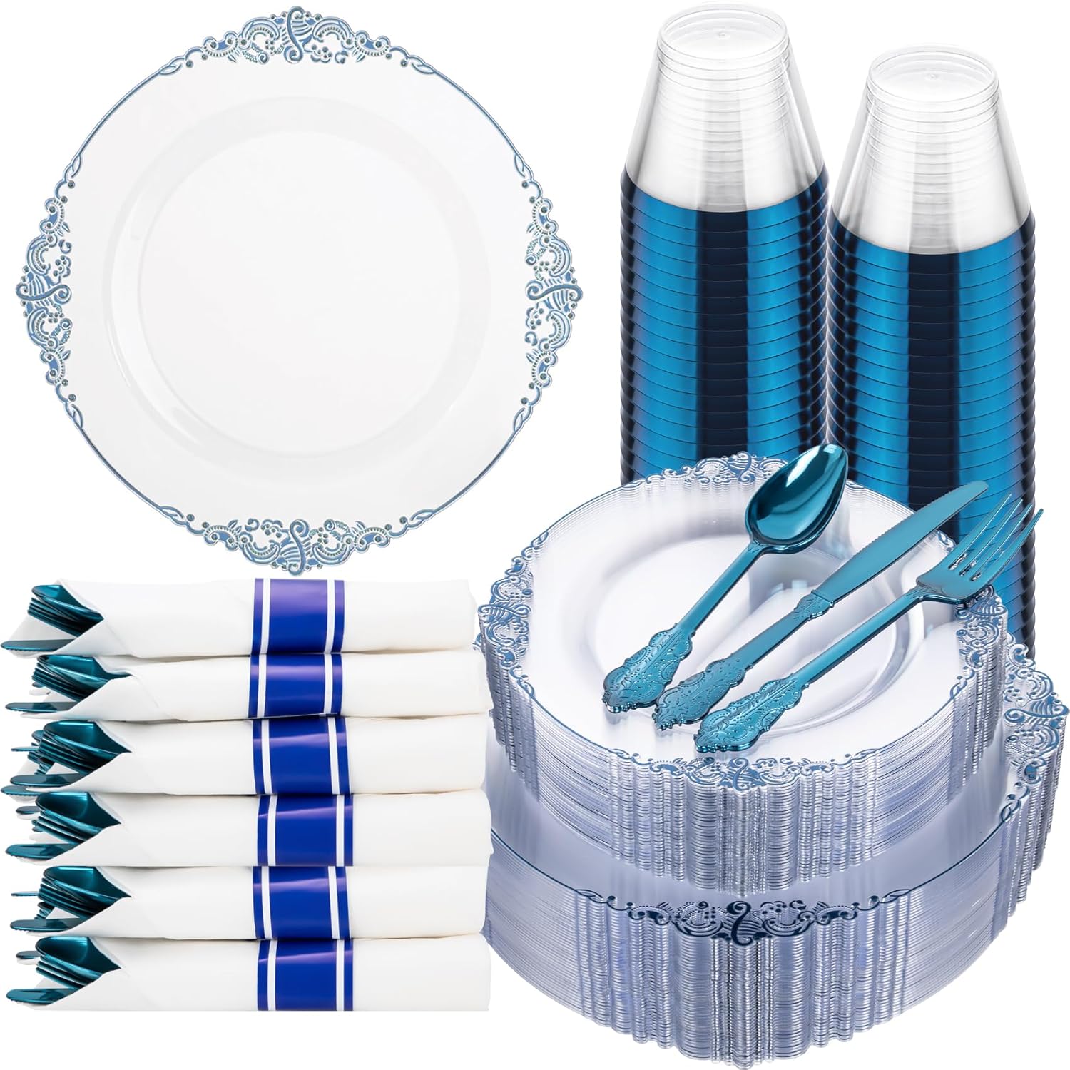 Elegant 175pcs Clear Blue Plastic Plates for Parties & Weddings