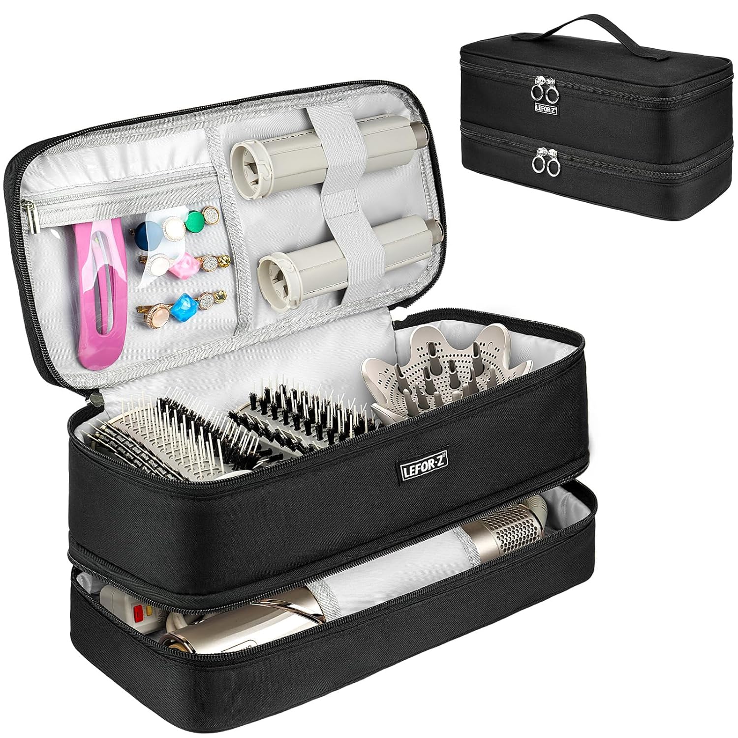 Double-Layer Travel Case for Hair Tools, Black, Leforz