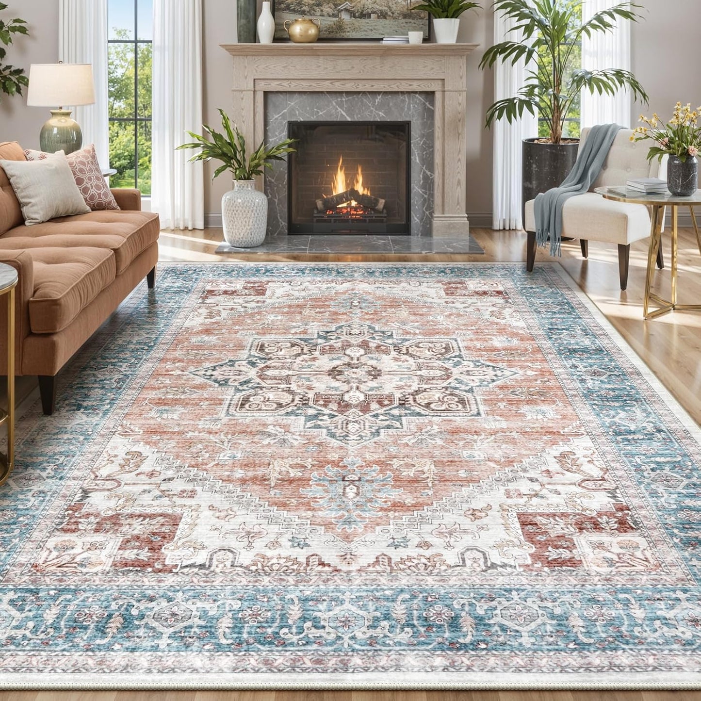LIVEBOX 8x10 Washable Area Rug - Vintage Tribal Design for Home