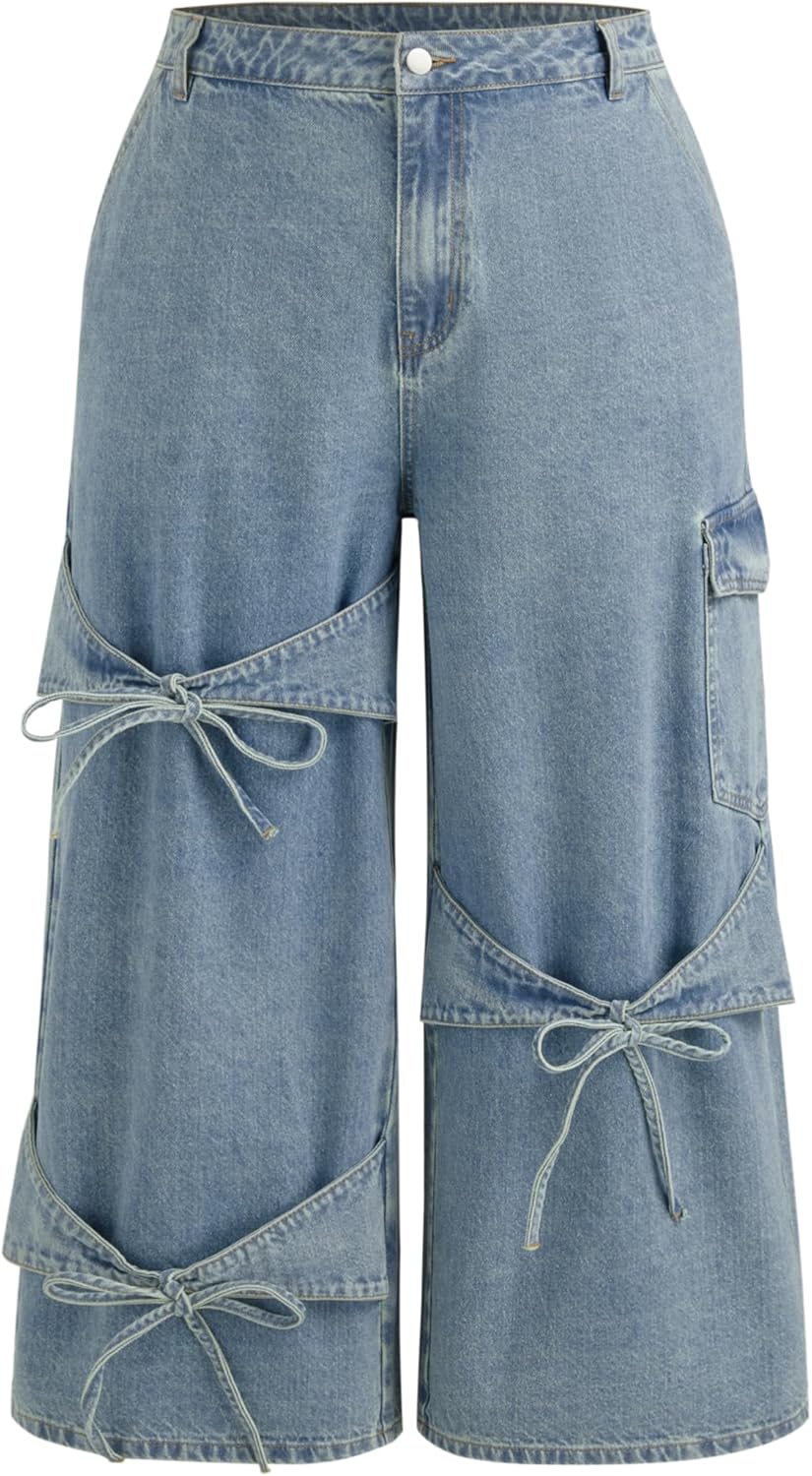 CIDER Baggy Jeans for Women with Bowknot Detail and Comfort