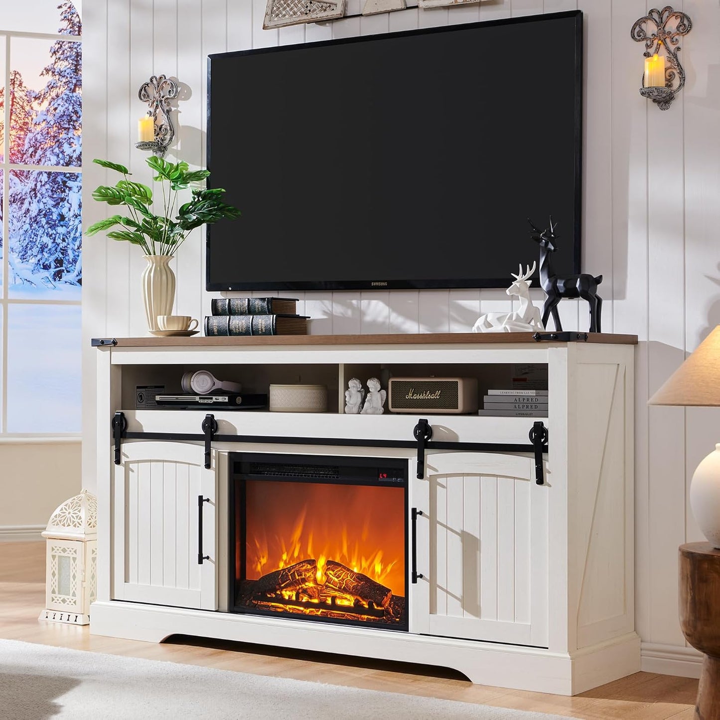Rustic Highboy TV Stand with Electric Fireplace