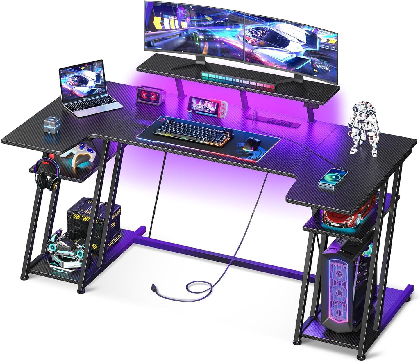 Gaming Desk with LED Lights & Power Outlet