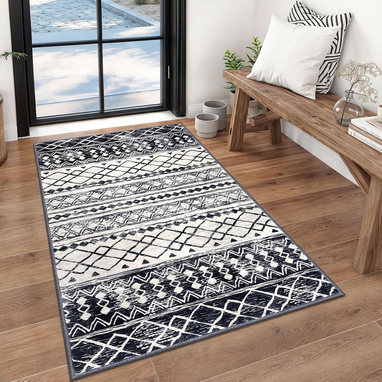 KUTA 3x5 Black Navy Blue Boho Area Rug for Cozy Living Spaces
