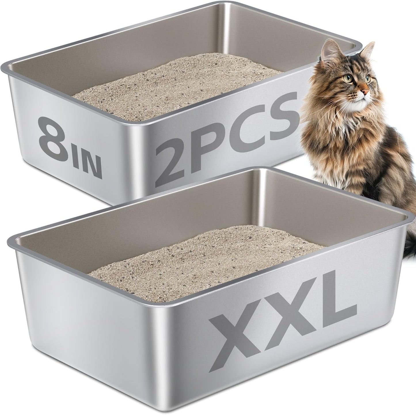 Stainless Steel Litter Box for Big Cats - Easy to Clean 2 Pack