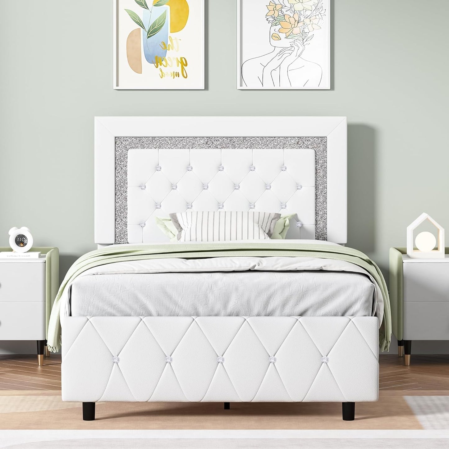 BarnFurin Twin Size Upholstered Bed Frame with Button Tufted Headboard