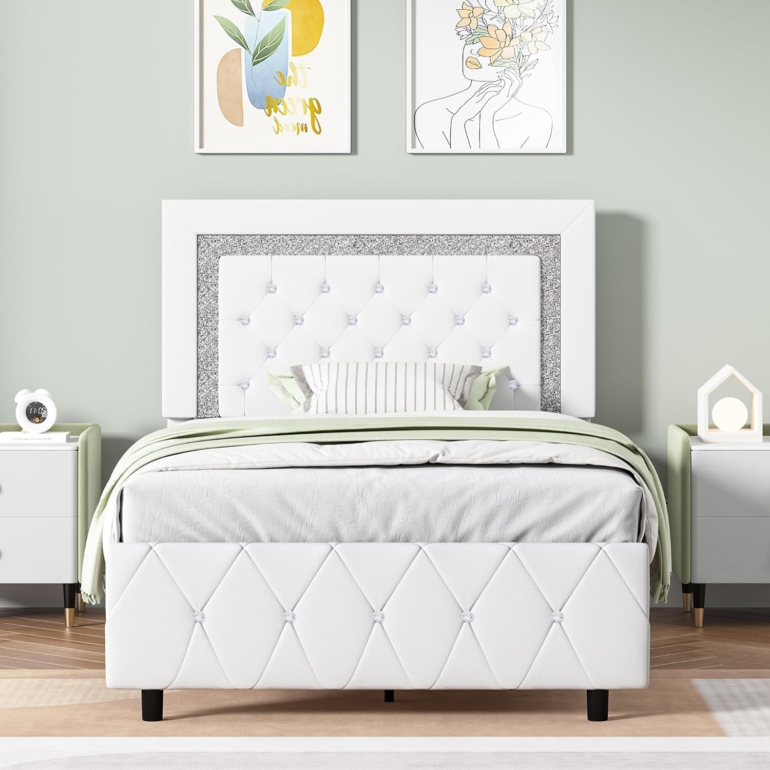 BarnFurin Twin Size Upholstered Bed Frame with Button Tufted Headboard