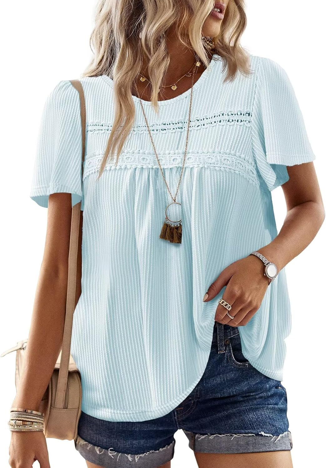 Womens Summer Tops Crewneck Short Sleeve Striped Shirts Casual