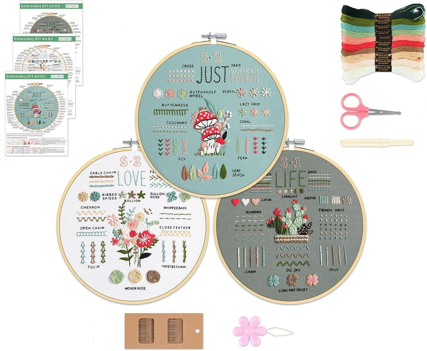 Top 36 Stitch Beginner Embroidery Kit - Patterns, Tools, 3 Sets