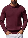 Mens Long Sleeve Polo Sweater Knit Pullover with Pocket - Warm Casual