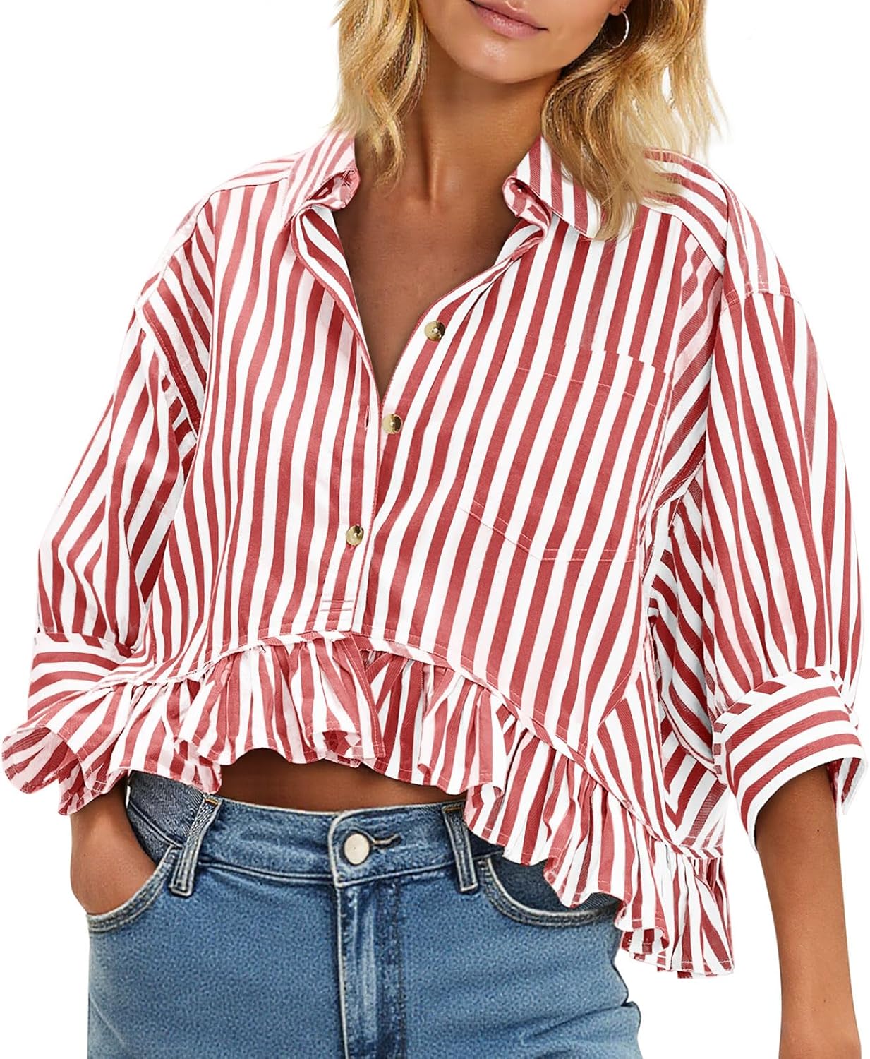 Cropped Striped Button Down Shirt with Ruffle Sleeves for Women