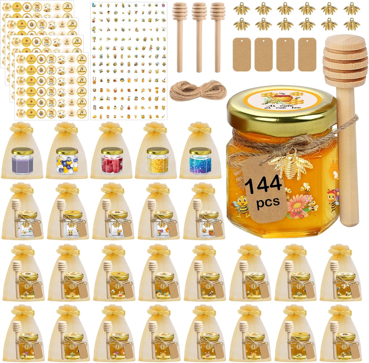 144Pcs Mini Hexagon Glass Honey Jars with Dippers for Favors
