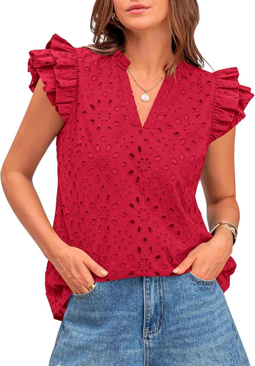 BTFBM Women Summer Eyelet Tops for Dressy Casual Style