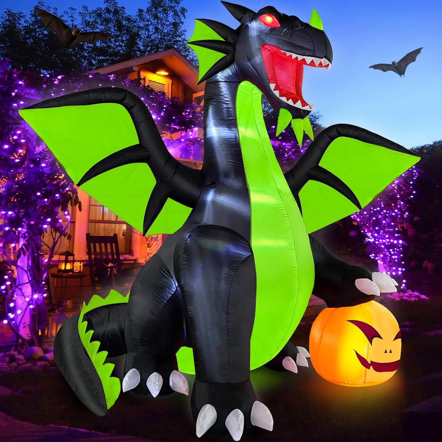 9FT Halloween Inflatable Green Dragon with Pumpkin for Yard Decor