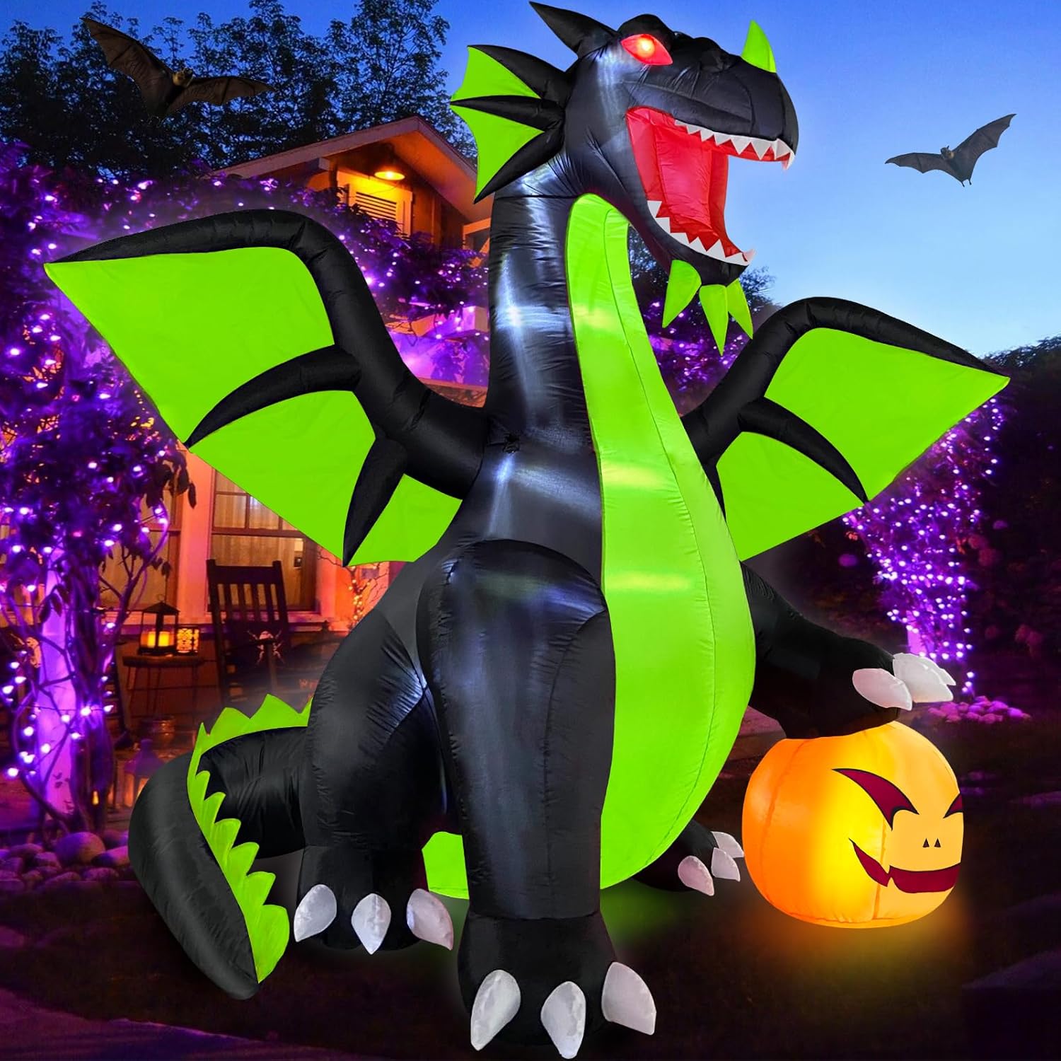 9FT Halloween Inflatable Green Dragon with Pumpkin for Yard Decor