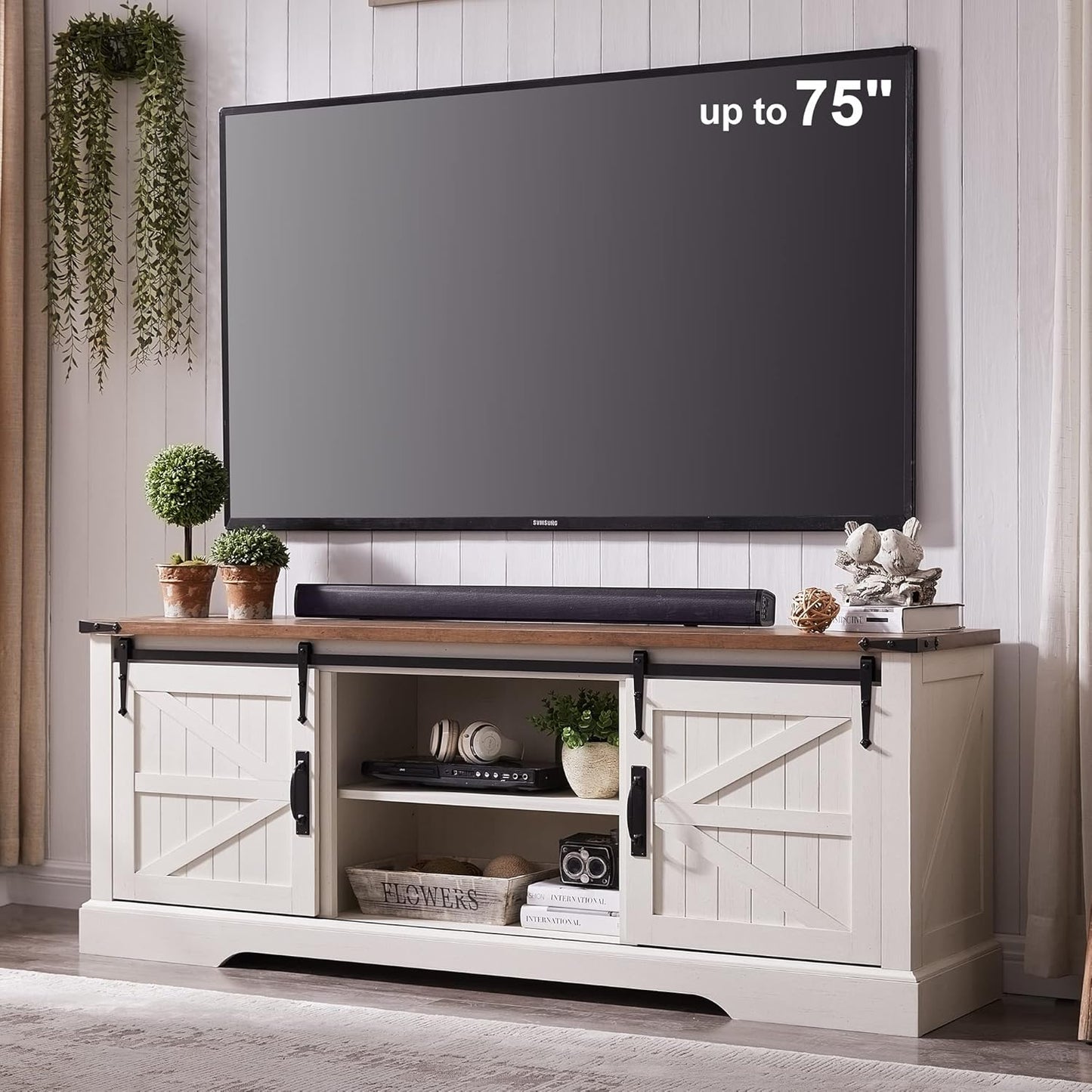 Rustic Farmhouse TV Stand - 75 Inch, Sliding Barn Door!