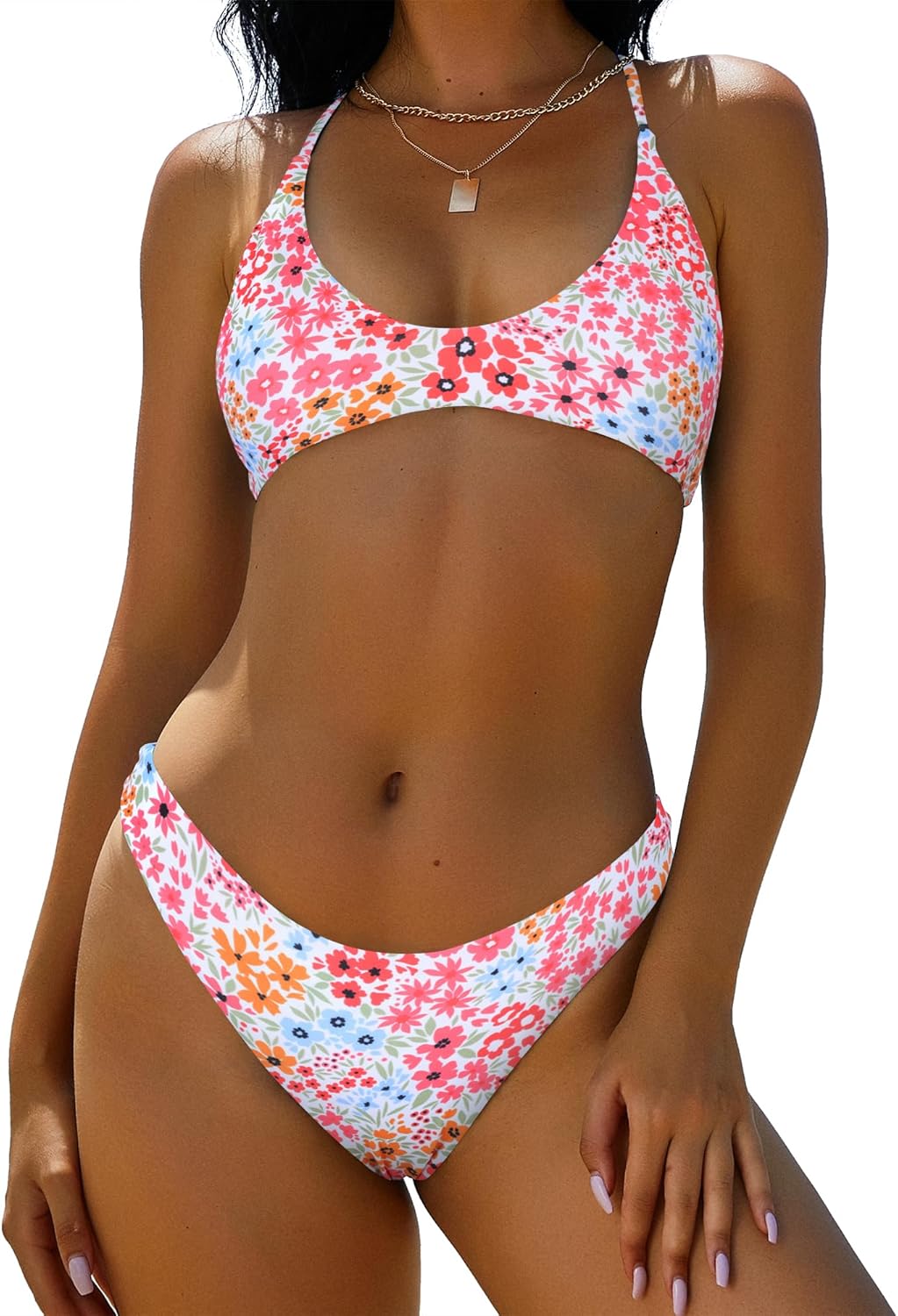 ZAFUL Women's Tie Back Padded High Cut Bralette Bikini Set