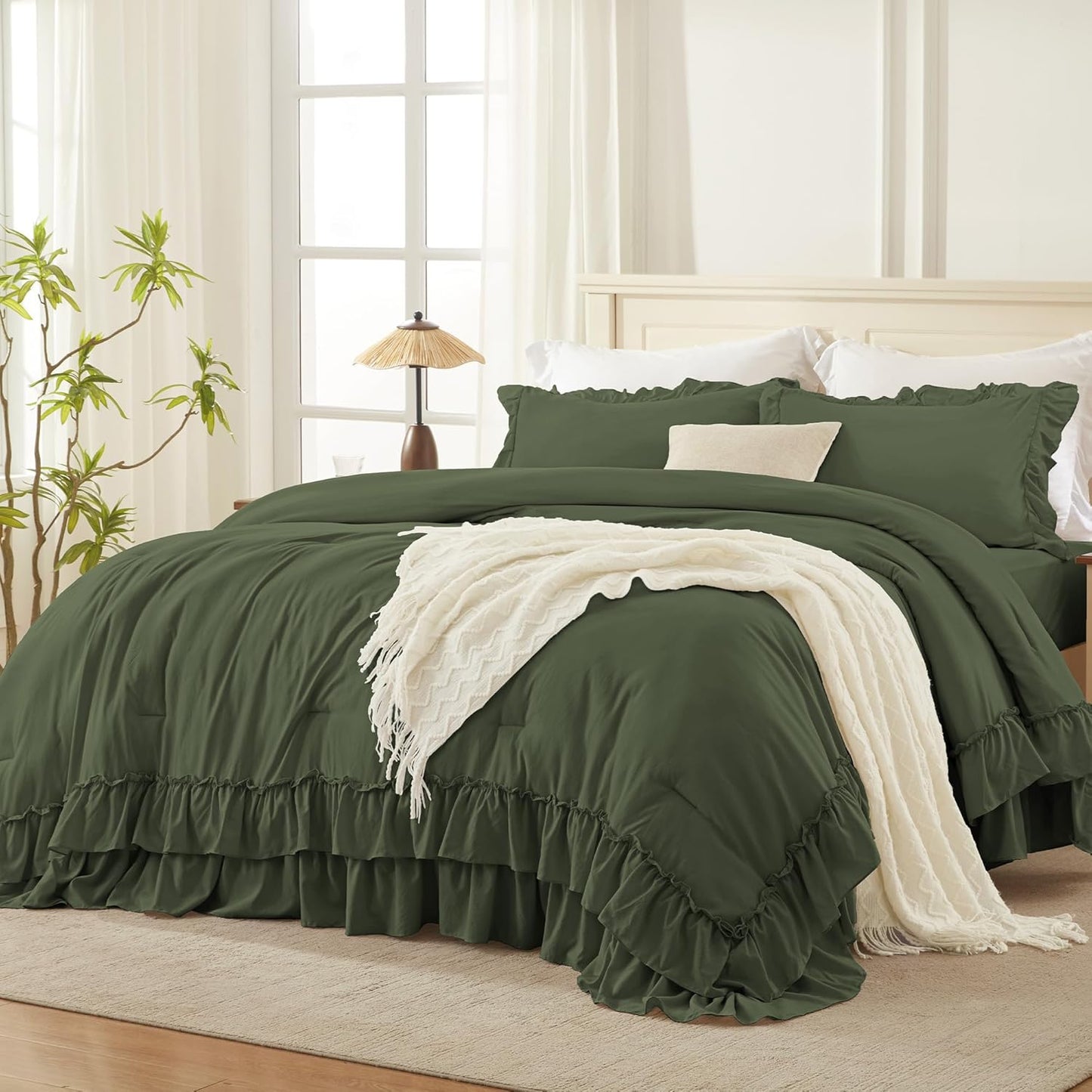 Olive Green Queen Comforter Set for Cozy Farmhouse Bedroom