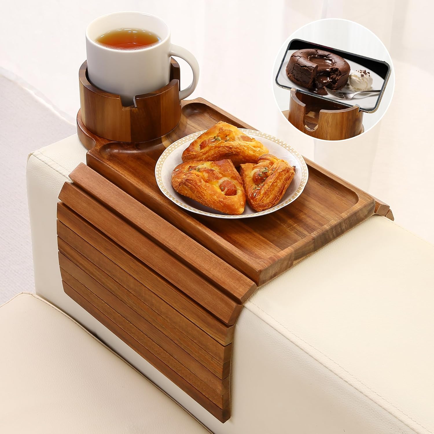 Couch Cup Holder Tray for Drinks and Snacks - Acacia Wood Design