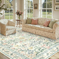 Boho Washable Girls Bedroom Rug 9x12 - Soft Beige Floral Area Rug