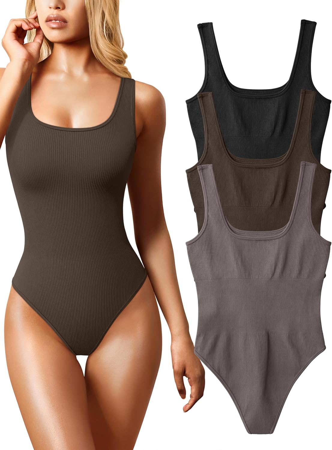 OQQ Women's 3 Piece Bodysuits Sexy Ribbed Square Neck Tops