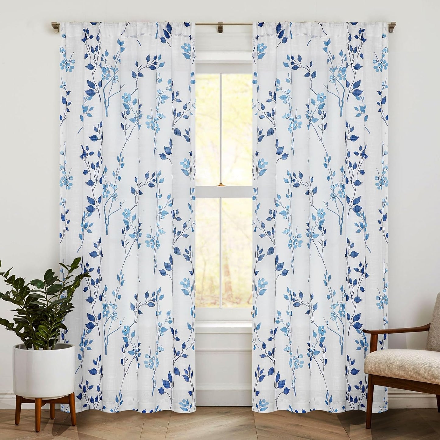 Beauoop Floral Linen Semi Sheer Curtains for Living Room