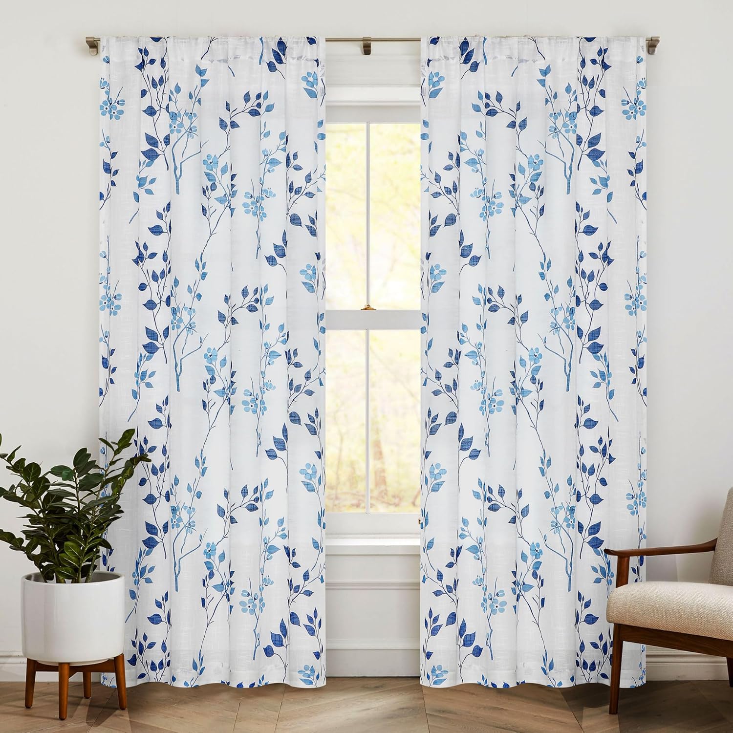 Beauoop Floral Linen Semi Sheer Curtains for Living Room