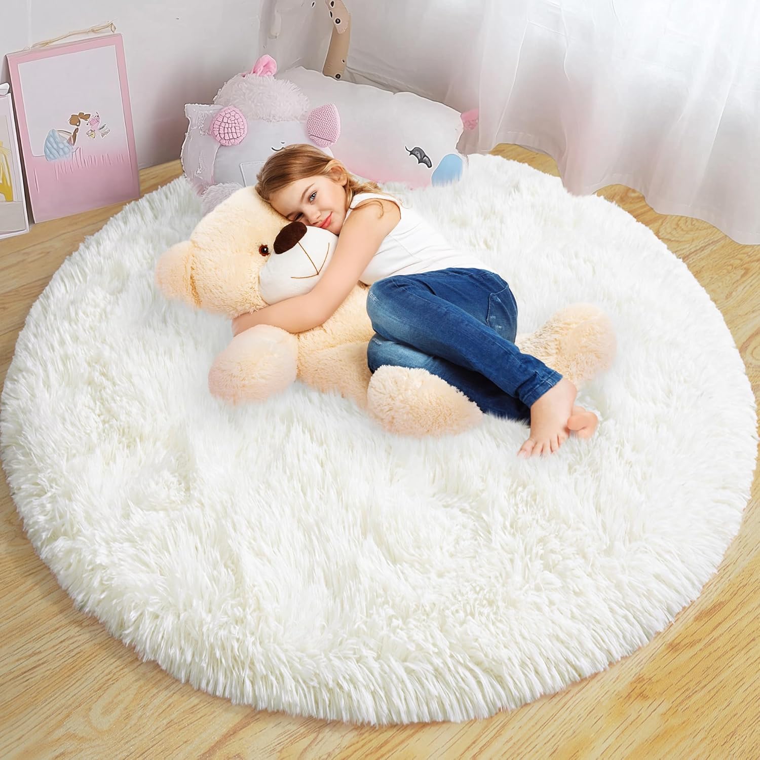 Round Fluffy Rugs 5Ft for Girls Bedroom - Soft Cream White Decor