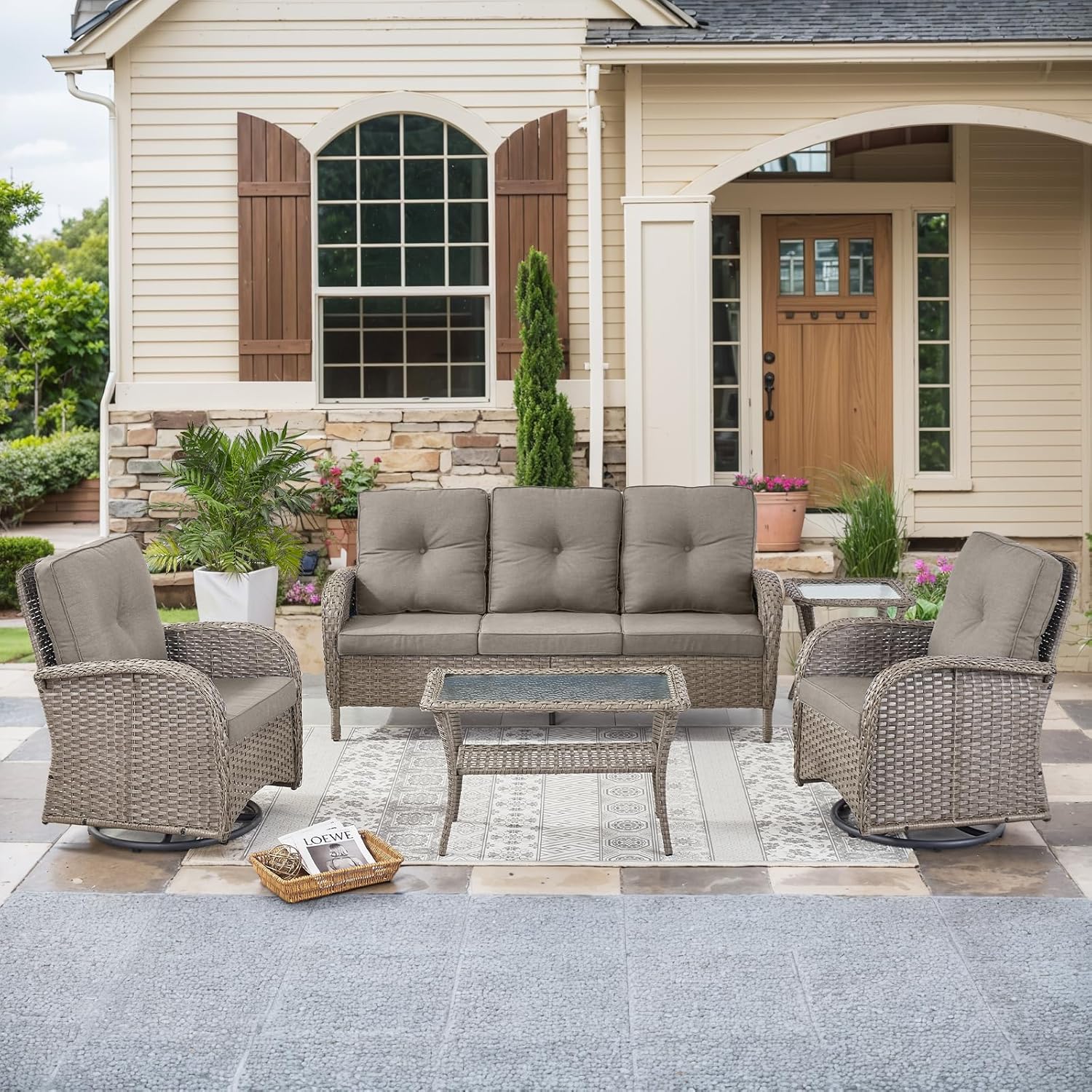 HUMMUH Wicker Patio Furniture Set with Swivel Rocker Chairs